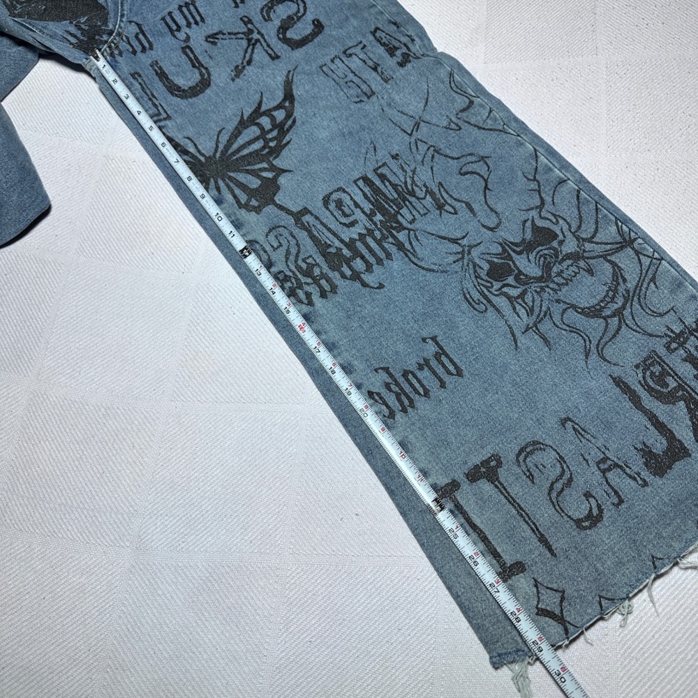 Romwe Wide Leg Jeans Womens Medium 6 Skeleton Skull Oni Demon Print Blue Denim - Picture 14 of 15